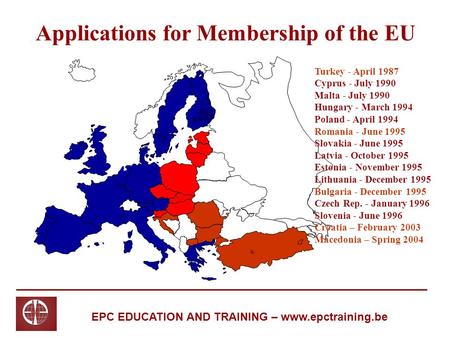 EPC EDUCATION AND TRAINING – www.epctraining.be Applications for Membership of the EU Turkey - April 1987 Cyprus - July 1990 Malta - July 1990 Hungary.