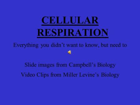 CELLULAR RESPIRATION Everything you didn’t want to know, but need to Slide images from Campbell’s Biology Video Clips from Miller Levine’s Biology.