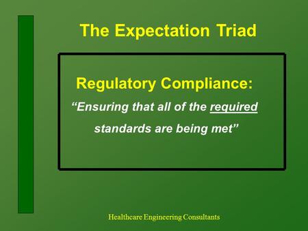 The Expectation Triad Healthcare Engineering Consultants Regulatory Compliance: “Ensuring that all of the required standards are being met”