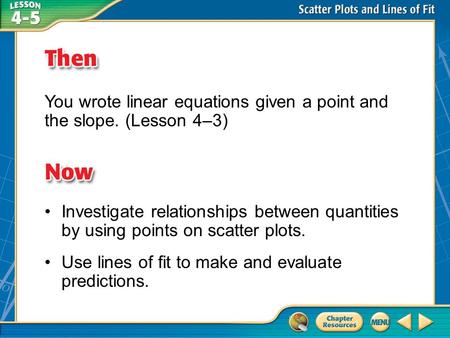 Then/Now You wrote linear equations given a point and the slope. (Lesson 4–3) Investigate relationships between quantities by using points on scatter plots.