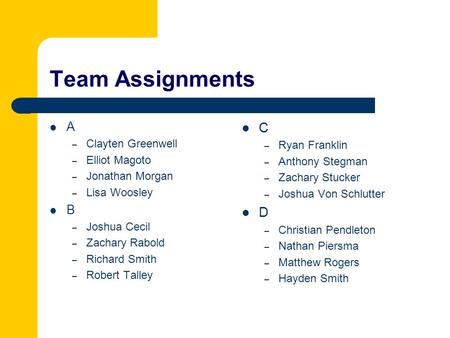 Team Assignments C D A B Clayten Greenwell Ryan Franklin Elliot Magoto