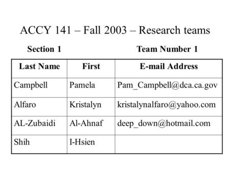 ACCY 141 – Fall 2003 – Research teams Section 1Team Number 1 Last NameFirst Address