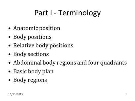 Part I - Terminology Anatomic position Body positions Relative body positions Body sections Abdominal body regions and four quadrants Basic body plan Body.