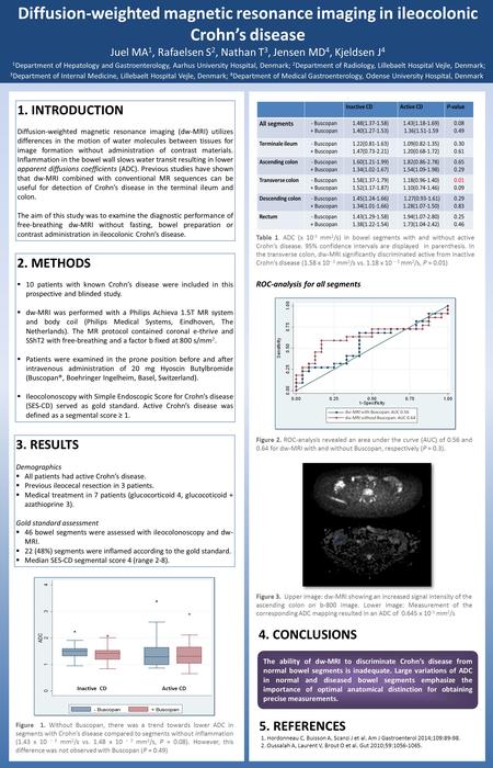 Diffusion-weighted magnetic resonance imaging in ileocolonic Crohn’s disease Juel MA 1, Rafaelsen S 2, Nathan T 3, Jensen MD 4, Kjeldsen J 4 1 Department.