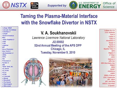 Taming the Plasma-Material Interface with the Snowflake Divertor in NSTX V. A. Soukhanovskii Lawrence Livermore National Laboratory JI2.00002 52nd Annual.
