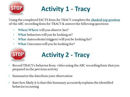 Activity 1 - Tracy Using the completed FACTS form for TRACY complete the shaded top portion of the ABC recording form for TRACY & answer the following.