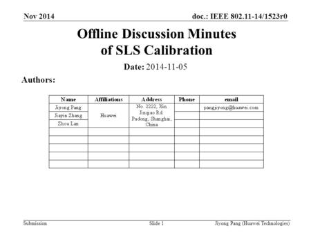 Doc.: IEEE 802.11-14/1523r0 Submission Offline Discussion Minutes of SLS Calibration Date: 2014-11-05 Authors: Slide 1 Nov 2014 Jiyong Pang (Huawei Technologies)