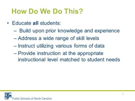 How Do We Do This? Educate all students: – Build upon prior knowledge and experience –Address a wide range of skill levels –Instruct utilizing various.