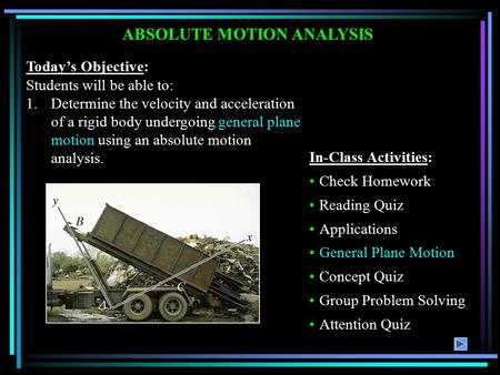 ABSOLUTE MOTION ANALYSIS Today’s Objective: Students will be able to: 1.Determine the velocity and acceleration of a rigid body undergoing general plane.
