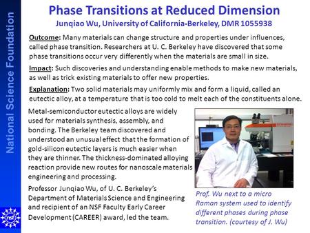 National Science Foundation Phase Transitions at Reduced Dimension Junqiao Wu, University of California-Berkeley, DMR 1055938 Outcome: Many materials can.