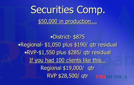 Securities Comp. $50,000 in production…. District- $875 Regional- $1,050 plus $190/ qtr residual RVP-$1,550 plus $285/ qtr residual If you had 100 clients.