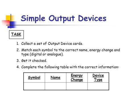 Simple Output Devices TASK 1.Collect a set of Output Device cards. 2.Match each symbol to the correct name, energy change and type (digital or analogue).