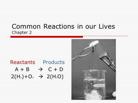 Common Reactions in our Lives Chapter 2 Reactants Products A + B  C + D 2(H 2 )+O 2  2(H 2 O)