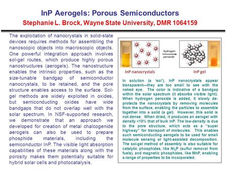 InP Aerogels: Porous Semiconductors Stephanie L. Brock, Wayne State University, DMR 1064159 The exploitation of nanocrystals in solid-state devices requires.