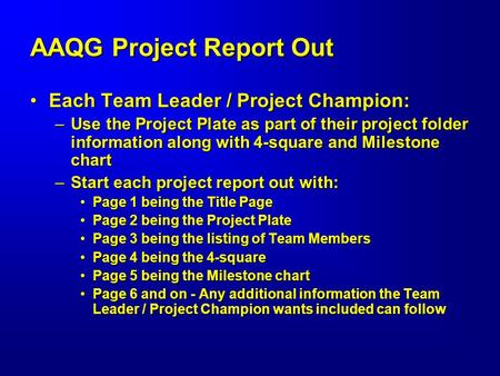 AAQG Project Report Out Each Team Leader / Project Champion:Each Team Leader / Project Champion: –Use the Project Plate as part of their project folder.