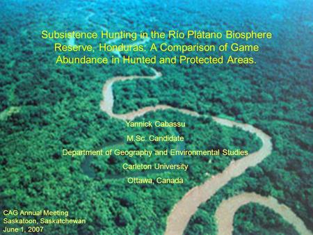 Subsistence Hunting in the Río Plátano Biosphere Reserve, Honduras: A Comparison of Game Abundance in Hunted and Protected Areas. Yannick Cabassu M.Sc.