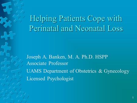 1 Helping Patients Cope with Perinatal and Neonatal Loss Joseph A. Banken, M. A. Ph.D. HSPP Associate Professor UAMS Department of Obstetrics & Gynecology.