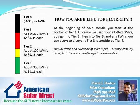 Because the SUN never increases its rates. Tier 4 $0.39 per kWh Tier 3 About 330 kWh’s At $0.35 each Tier 2 About 100 kWh’s At $0.18 each Tier 1 About.