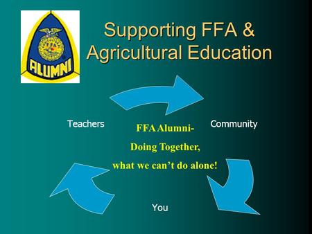 Community You Teachers FFA Alumni- Doing Together, what we can’t do alone! Supporting FFA & Agricultural Education.