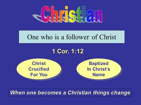 One who is a follower of Christ 1 Cor. 1:12 Christ Crucified For You Christ Crucified For You Baptized In Christ’s Name Baptized In Christ’s Name When.