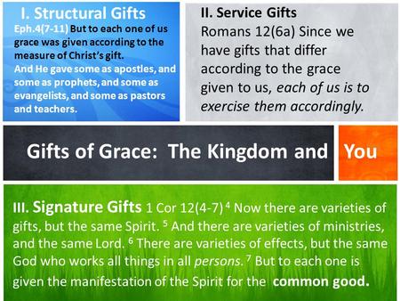 What’s Your Message? Gifts of Grace: The Kingdom and You I. Structural Gifts Eph.4(7-11) But to each one of us grace was given according to the measure.