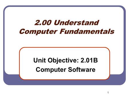 1 2.00 Understand Computer Fundamentals Unit Objective: 2.01B Computer Software.