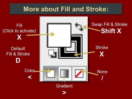 Default Fill & Stroke D Swap Fill & Stroke Shift X None / Gradient > Color < Stroke X Fill (Click to activate) X More about Fill and Stroke: