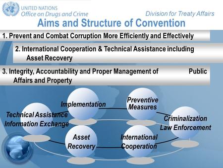 Division for Treaty Affairs Aims and Structure of Convention Preventive Measures International Cooperation Asset Recovery Technical Assistance Information.