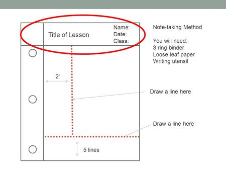 Name: Date: Class: Title of Lesson Draw a line here Note-taking Method You will need: 3 ring binder Loose leaf paper Writing utensil Draw a line here 2”