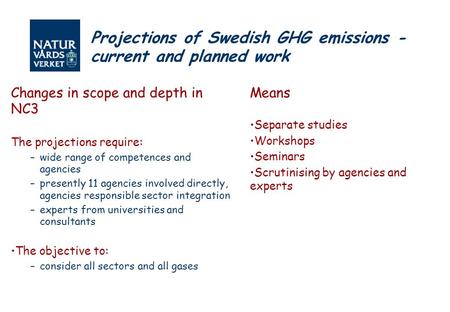 Projections of Swedish GHG emissions - current and planned work Changes in scope and depth in NC3 The projections require: –wide range of competences and.