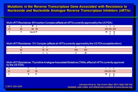 © 2011. IAS–USA Johnson VA et al. Top Antivir Med. 2011;19(4):156-164. Updates, user notes, and references available at www.iasusa.org. Mutations in the.