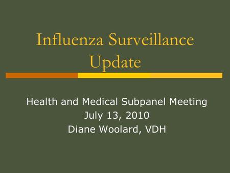 Influenza Surveillance Update Health and Medical Subpanel Meeting July 13, 2010 Diane Woolard, VDH.