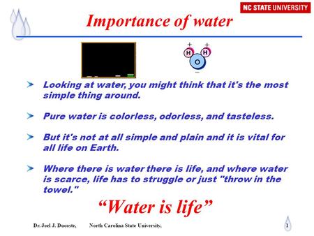 Dr. Joel J. Ducoste, North Carolina State University, 1 Importance of water “Water is life” Looking at water, you might think that it's the most simple.
