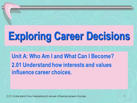 2.01 Understand how interests and values influence career choices.1 Exploring Career Decisions Unit A: Who Am I and What Can I Become? 2.01 Understand.