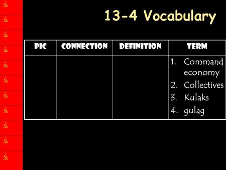PicConnectionDefinitionTerm 1.Command economy 2.Collectives 3.Kulaks 4.gulag 13-4 Vocabulary.
