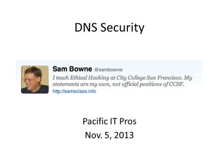 DNS Security Pacific IT Pros Nov. 5, 2013. Topics DoS Attacks on DNS Servers DoS Attacks by DNS Servers Poisoning DNS Records Monitoring DNS Traffic Leakage.