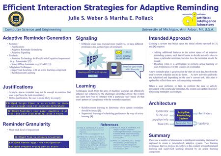 Efficient Interaction Strategies for Adaptive Reminding Julie S. Weber & Martha E. Pollack Adaptive Reminder Generation SignalingIntended Approach Learning.