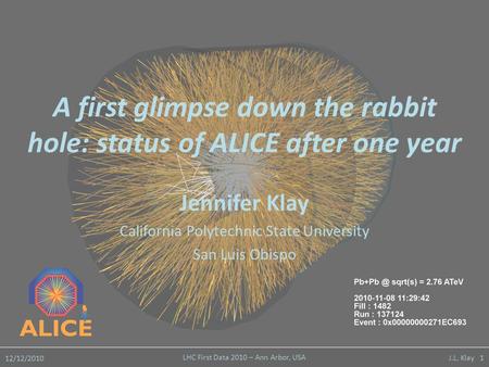 12/12/2010 LHC First Data 2010 – Ann Arbor, USA J.L. Klay 1 A first glimpse down the rabbit hole: status of ALICE after one year Jennifer Klay California.