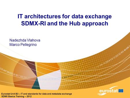 Eurostat Unit B3 – IT and standards for data and metadata exchange SDMX Basics Training – 2012 IT architectures for data exchange SDMX-RI and the Hub approach.