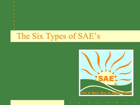 The Six Types of SAE’s. What is SAE? Supervised Agricultural Experience (SAE) Programs consist of planned practical activities conducted outside of class.