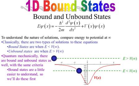 To understand the nature of solutions, compare energy to potential at  Classically, there are two types of solutions to these equations Bound States are.