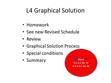 L4 Graphical Solution Homework See new Revised Schedule Review Graphical Solution Process Special conditions Summary 1 Read 4.1-4.2 for W 4.3-4.4.2 for.
