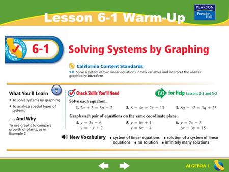 ALGEBRA 1 Lesson 6-1 Warm-Up. ALGEBRA 1 “Solving Systems by Graphing” (6-1) What is a “system of linear equations”? What is the “solution of the system.