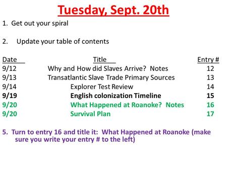 Tuesday, Sept. 20th 1. Get out your spiral 2. Update your table of contents DateTitle Entry # 9/12Why and How did Slaves Arrive? Notes12 9/13Transatlantic.