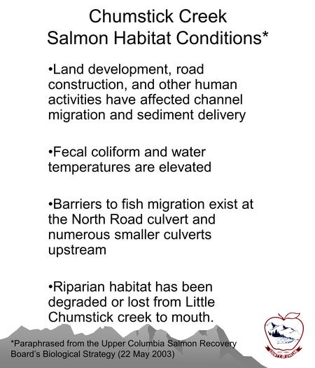 Chumstick Creek Salmon Habitat Conditions* Land development, road construction, and other human activities have affected channel migration and sediment.