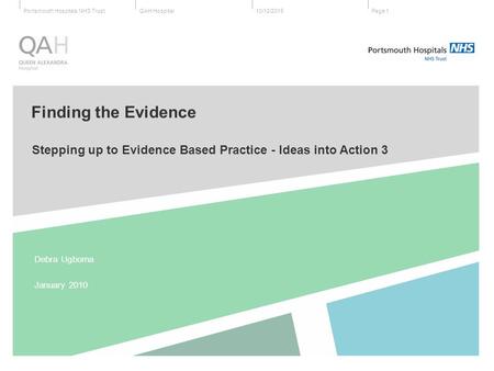 QAH HospitalPortsmouth Hospitals NHS Trust 10/12/2015Page 1 Stepping up to Evidence Based Practice - Ideas into Action 3 Debra Ugboma January 2010 Finding.