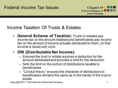 Federal Income Tax Issues Chapter 19 Tools & Techniques of Estate Planning Copyright 2011, The National Underwriter Company1 General Scheme of Taxation: