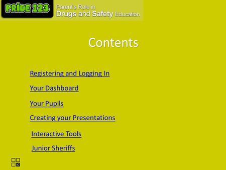 Contents Registering and Logging In Your Dashboard Your Pupils Creating your Presentations Interactive Tools Junior Sheriffs.