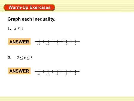 Graph each inequality. 1.	x ≤ 1 ANSWER 8 2.	–2 ≤ x ≤ 3 ANSWER.