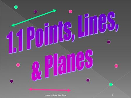 Lesson 1-1 Point, Line, Plane 1. 2  Points do not have actual size.  How to Sketch: Using dots  How to label: Use capital letters Never name two points.